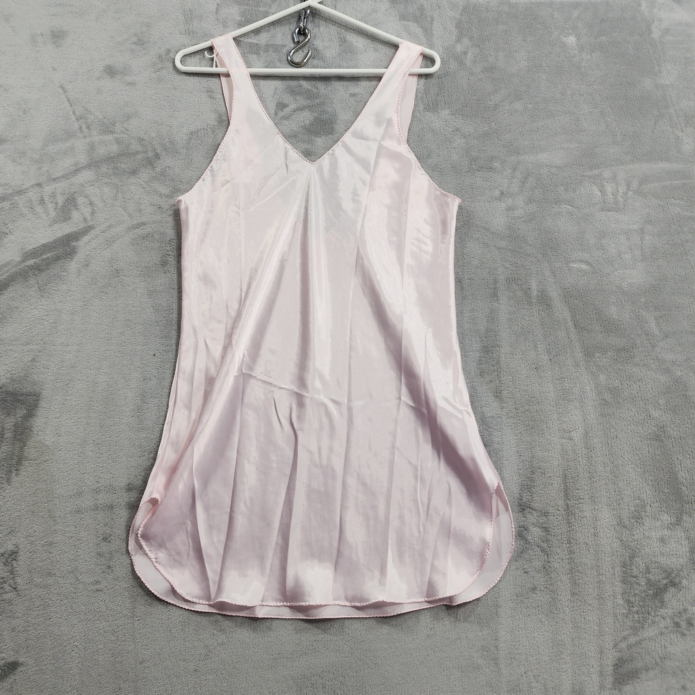 Vintage Val Mode Full Slip Womens M Pink Nylon Satin Sheer Lingerie Boudoir USA